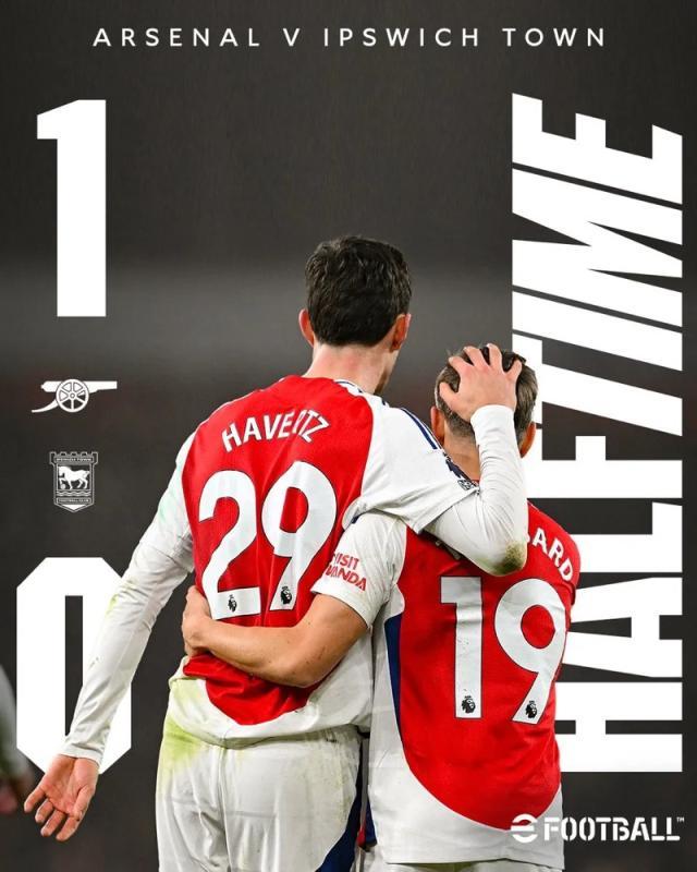 实时比分查询-【英超】哈弗茨破门，阿森纳1比0伊普斯维奇