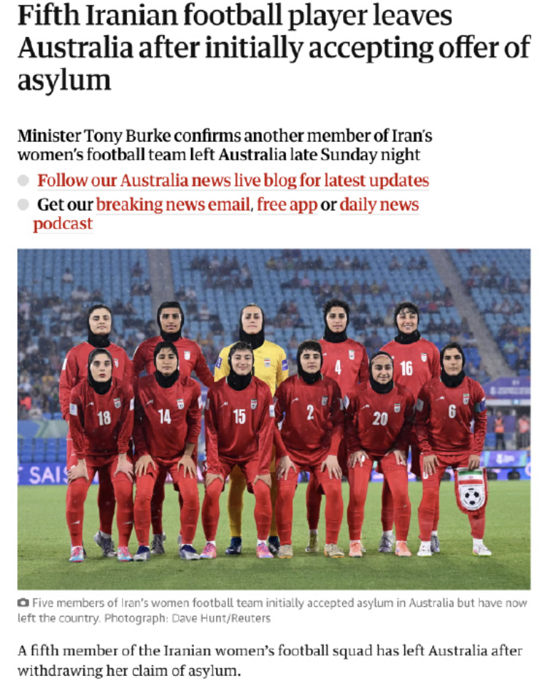 kaiyun登录入口-仅剩2人!伊朗女足队长撤回庇护连夜赶回亚洲 外媒:她家人失踪了